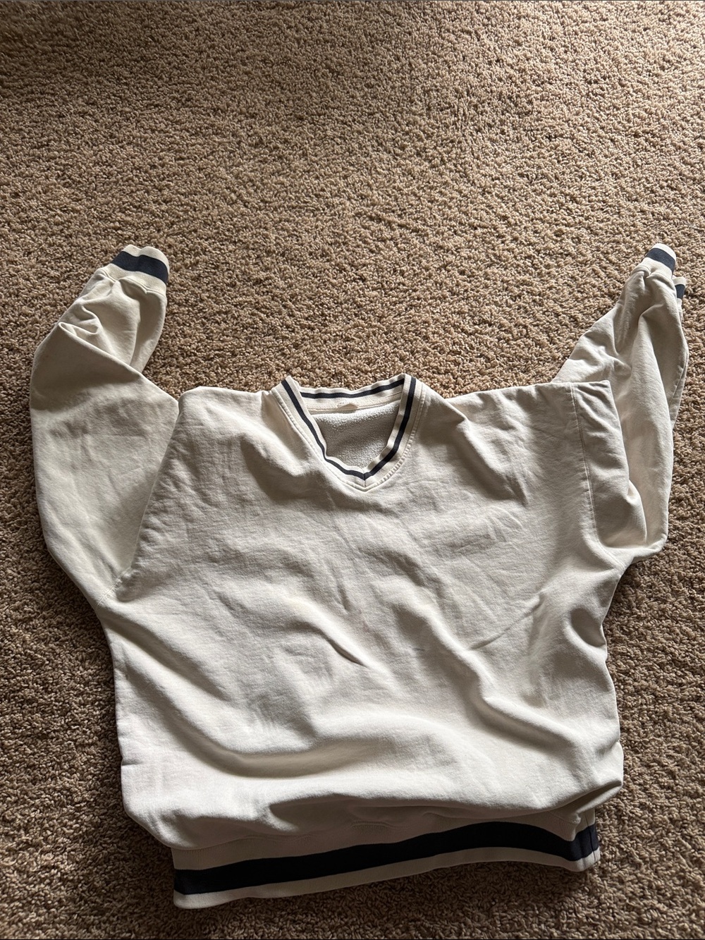 Brandy Melville Cream V-Neck Pullover with Navy Stripe Trim
